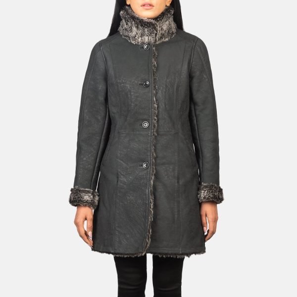 Erica Shearling Black Leather Coat.