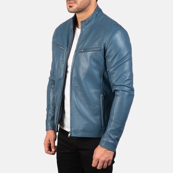 Men's Ionic Blue Leather Biker Jacket.