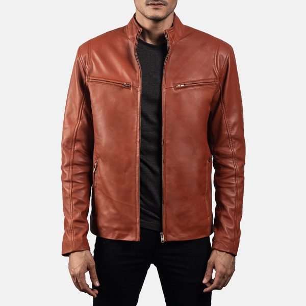 Men's Ionic Tan Brown Leather Biker Jacket