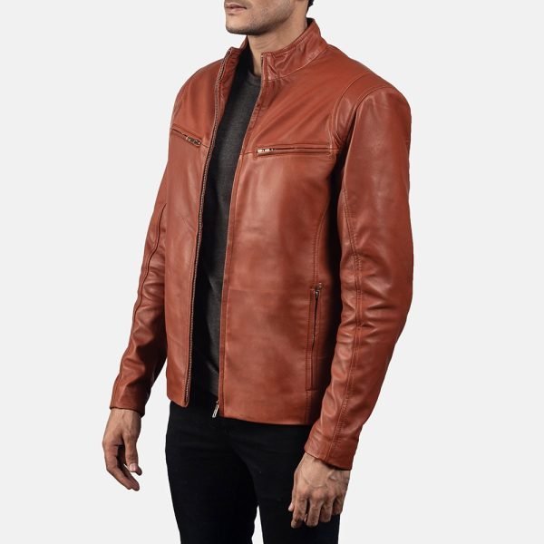 Men's Ionic Tan Brown Leather Biker Jacket.